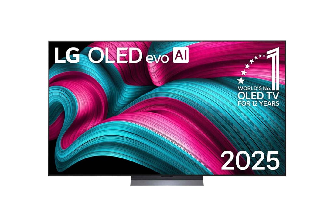 Frontansicht des LG OLED evo AI C5 4K Smart TV. Ein "12 Years of world number 1 OLED"-Emblem und das "LG OLED AI 2025"-Logo sind auf dem Bildschirm zu sehen.