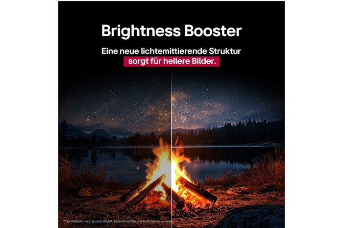 Ein schillerndes und farbenfrohes Feuerwerk ist auf einem Fernsehbildschirm zu sehen. Das Logo einer Zertifizierung ist sichtbar, die Perfect Color Technology liefert Farbkonsistenzwerte von mehr als 99 % bei bis zu 500 Lux. Intertek-Zertifizierungen, die unabhängige Tests belegen, sind ebenfalls sichtbar.