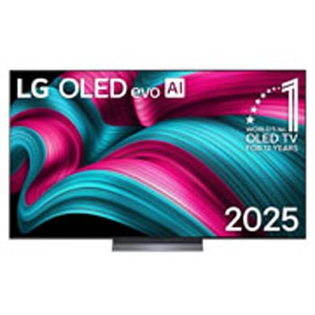 Frontansicht des LG OLED evo AI C5 4K Smart TV. Ein "12 Years of world number 1 OLED"-Emblem und das "LG OLED AI 2025"-Logo sind auf dem Bildschirm zu sehen.