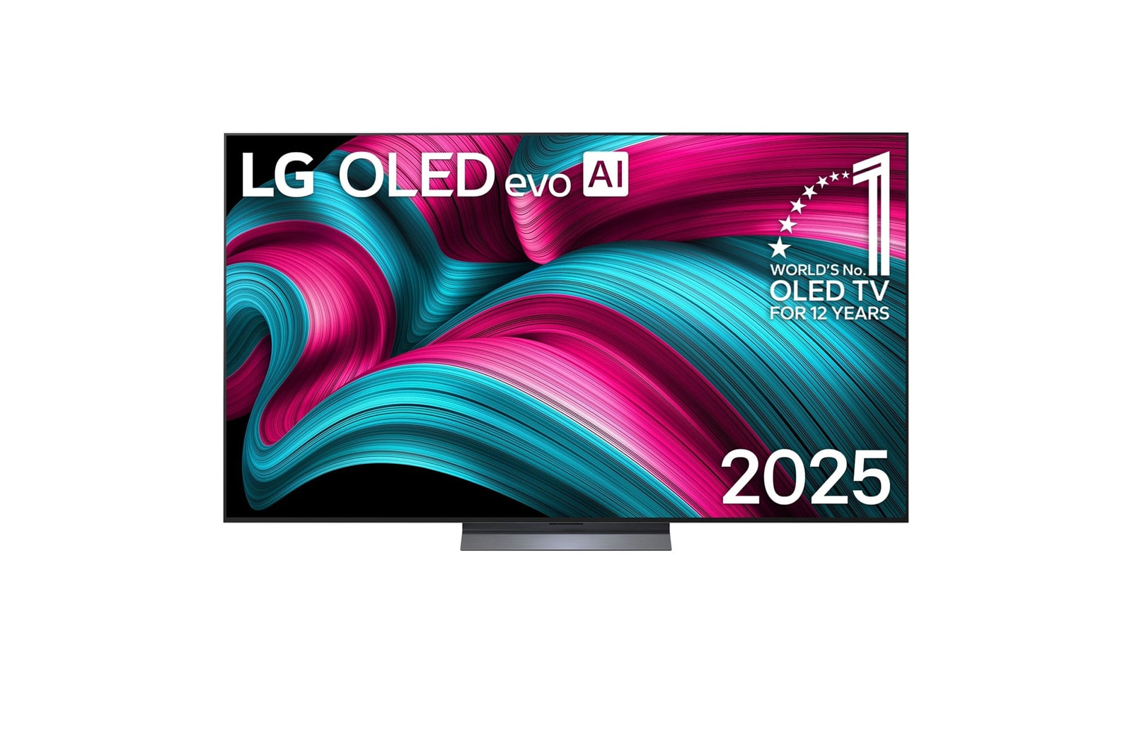 Front view of LG OLED evo AI C5 4K Smart TV. 12 Years of world number 1 OLED emblem and LG OLED evo AI 2025 logo are on the screen.