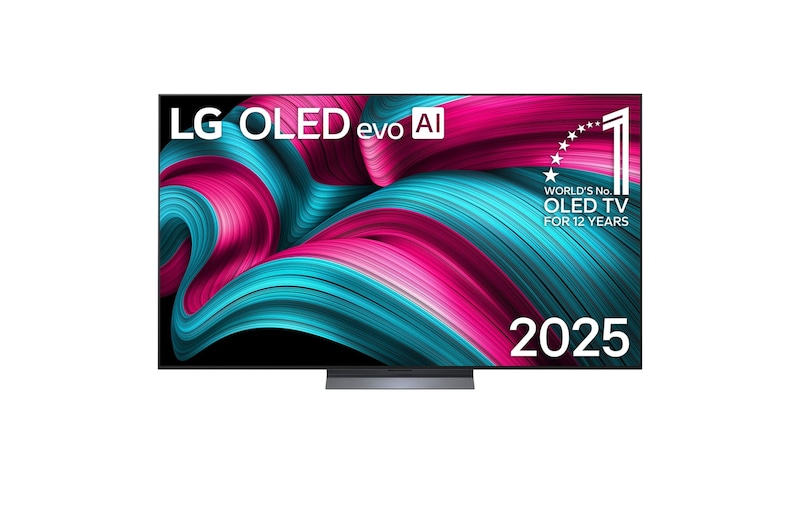 Front view of LG OLED evo AI C5 4K Smart TV. 12 Years of world number 1 OLED emblem and LG OLED evo AI 2025 logo are on the screen.