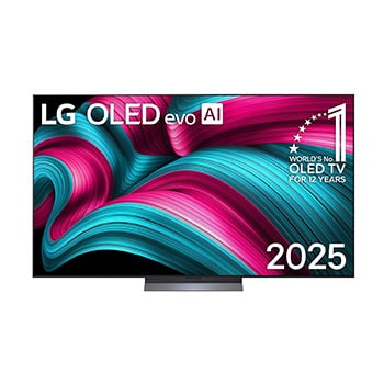 Front view of LG OLED evo AI C5 4K Smart TV. 12 Years of world number 1 OLED emblem and LG OLED evo AI 2025 logo are on the screen.