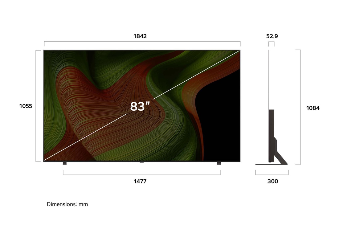 Frontansicht und Seitenansicht des LG OLED AI B5 4K Smart TV mit den Abmessungen der Länge, Breite, Höhe und Tiefe.