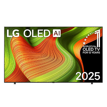Frontansicht des LG OLED AI B5 4K Smart TV. "12 Years of world number 1 OLED"-Emblem und das "LG OLED AI 2025"-Logo sind auf dem Bildschirm zu sehen.