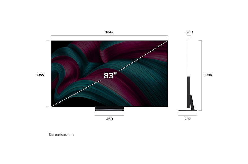 Frontansicht und Seitenansicht des LG OLED evo AI C5 4K Smart TV mit den Abmessungen der Länge, Breite, Höhe und Tiefe.