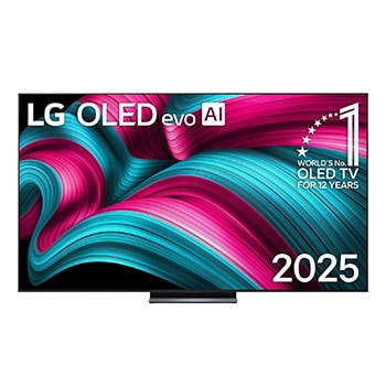 Frontansicht des LG OLED evo AI C5 4K Smart TV. Ein "12 Years of world number 1 OLED"-Emblem und das "LG OLED AI 2025"-Logo sind auf dem Bildschirm zu sehen.