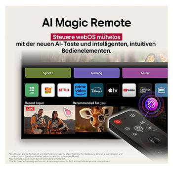 Auf dem Bildschirm eines LG OLED-Fernsehers befindet sich die webOS 25-Startseite, die mit Apps und Unterhaltungsinhalten gefüllt ist. Neben dem Fernseher befindet sich die LG AI Magic Remote-Fernbedienung. Der AI Button ist hervorgehoben, als ob sie durch die Stimme des Benutzers aktiviert wurde. Daneben befindet sich eine Sprechblase, die auf "Mein Profil" umschaltet. Der kurze Text erklärt, wie Nutzer nun ihre Stimme mit ihrem persönlichen Profil synchronisieren können, um eine einfachere Navigation und personalisierte Empfehlungen zu erhalten.Auf dem Bildschirm eines LG OLED-Fernsehers befindet sich die webOS 25-Startseite, die mit Apps und Unterhaltungsinhalten gefüllt ist. Neben dem Fernseher befindet sich die LG AI Magic Remote-Fernbedienung. Der AI Button ist hervorgehoben, als ob sie durch die Stimme des Benutzers aktiviert wurde. Daneben befindet sich eine Sprechblase, die auf "Mein Profil" umschaltet. Der kurze Text erklärt, wie Nutzer nun ihre Stimme mit ihrem persönlichen Profil synchronisieren können, um eine einfachere Navigation und personalisierte Empfehlungen zu erhalten.