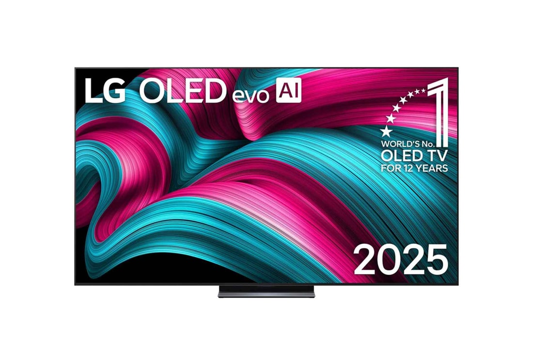 Frontansicht des LG OLED evo AI C5 4K Smart TV. Ein "12 Years of world number 1 OLED"-Emblem und das "LG OLED AI 2025"-Logo sind auf dem Bildschirm zu sehen.