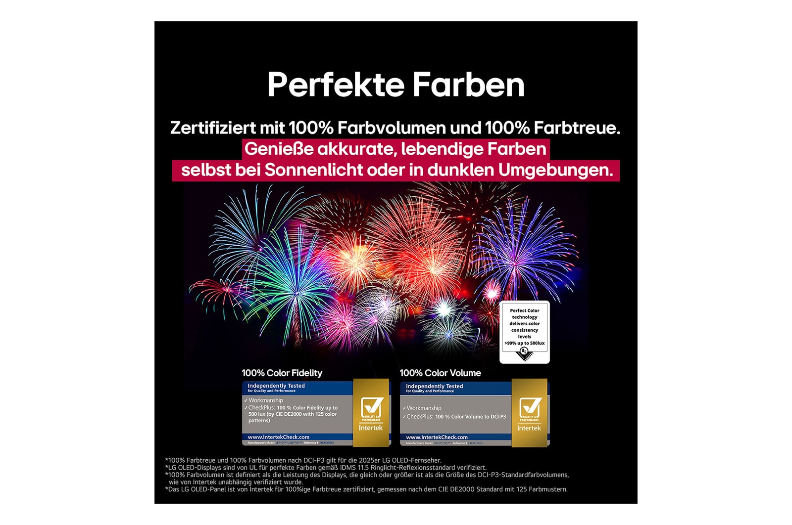 Ein Wohnzimmer mit einem an der Wand montierten LG OLED-Fernseher. Auf dem Fernseher ist eine Bergkette vor einem dunklen Abendhimmel voller Sterne zu sehen. Diese Szene ist in zwei Hälften geteilt. Die eine Seite zeigt eine trübe, graue Version der Landschaft mit der Bezeichnung Non Perfect Black Display. Auf der anderen Seite ist ein angenehmeres Bild mit einem größeren Dynamikbereich von Schwarz und Weiß zu sehen. Dies ist mit Perfect Black Display gekennzeichnet. Auch die Logo-Zertifizierung ist sichtbar: Perfect Black Technology liefert Schwarzwerte von 0,24 nit oder weniger bis zu 500 Lux. 