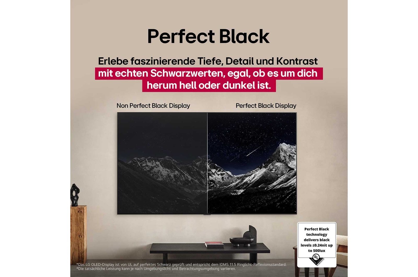 Ein Wohnzimmer mit einem an der Wand montierten LG OLED-Fernseher. Auf dem Fernseher ist eine Bergkette vor einem dunklen Abendhimmel voller Sterne zu sehen. Diese Szene ist in zwei Hälften geteilt. Die eine Seite zeigt eine trübe, graue Version der Landschaft mit der Bezeichnung Non Perfect Black Display. Auf der anderen Seite ist ein angenehmeres Bild mit einem größeren Dynamikbereich von Schwarz und Weiß zu sehen. Dies ist mit Perfect Black Display gekennzeichnet. Auch die Logo-Zertifizierung ist sichtbar: Perfect Black Technology liefert Schwarzwerte von 0,24 nit oder weniger bis zu 500 Lux. 