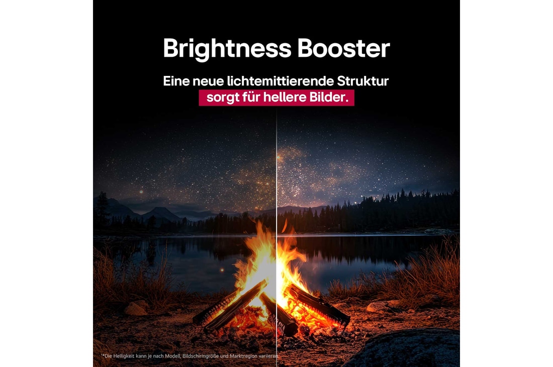 Nächtliches Lagerfeuer inmitten der Natur. In der Ferne sind ein Wald und ein See zu sehen. Der Abendhimmel ist mit Sternen übersät. Die Szene ist in zwei Hälften geteilt. Auf der einen Seite zeigt sie die beeindruckende Brillanz vom Brightness Booster. Auf der anderen Seite ist es dunkler und grauer. 