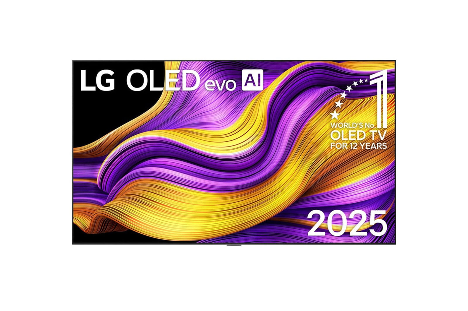 Front view of LG OLED evo AI G5 4K Smart TV. World's number 1 OLED TV for 12 years emblem on the screen.