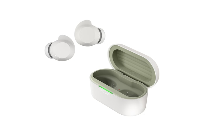 Seitenansicht der Basisstation mit getrennten Ohrhörern