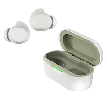 Seitenansicht der Basisstation mit getrennten Ohrhörern