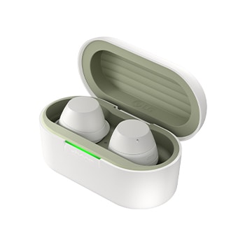 Seitenansicht der Basisstation mit Ohrhörern im Inneren