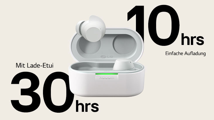 Eine weiße xboom Buds-Halterung wird mit eingeschaltetem Licht und einem Paar Ohrhörer darin platziert.