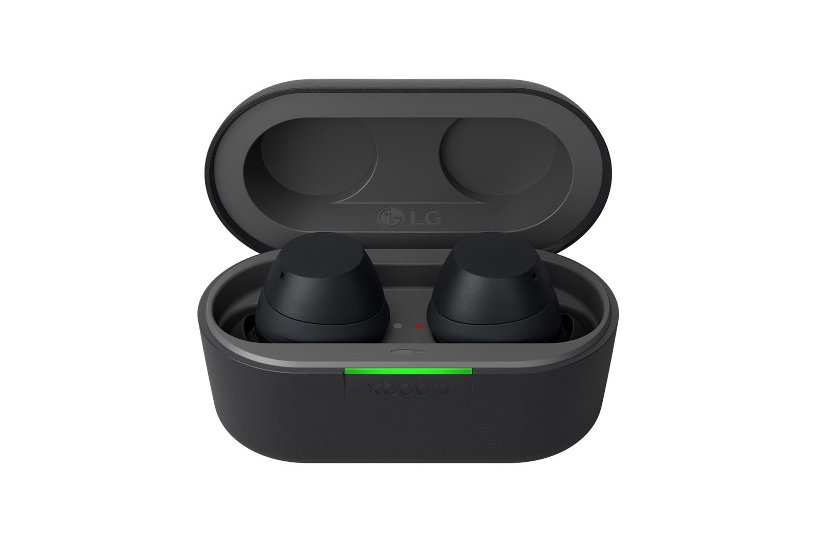 Frontansicht des Etuis mit Ohrhörern im Inneren