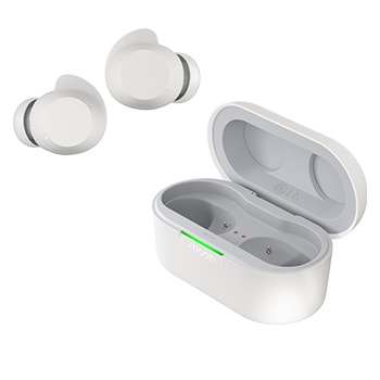 Seitenansicht des Etuis mit auseinander genommenen Ohrhörern