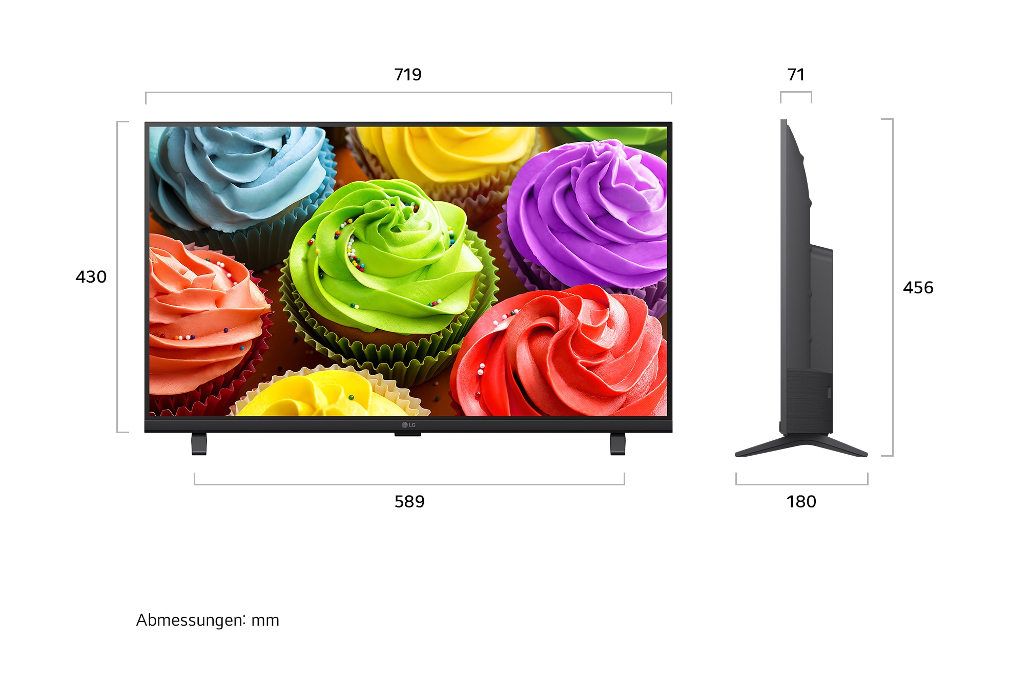 Das LG SMART TV AI LB65 FHD TV, gezeigt in Vorder- und Seitenansicht, verfügt über ein 32-Zoll-Display mit einer Bildschirmbreite von 719 mm, einer Bildschirmhöhe von 430 mm, einer Höhe von 456 mm mit Standfuß, einer Tiefe von 71 mm und einer Standfläche von 589 x 180 mm.