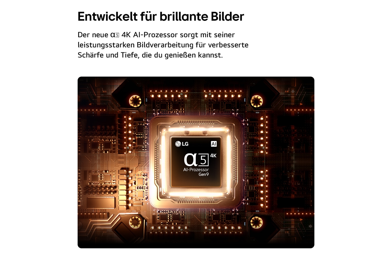 Der alpha 5 AI Processor Gen9 des LG SMART TV AI LB65 FHD TV leuchtet in der Mitte einer orangen Leiterplatte und hebt die KI-Verarbeitung für klarere Bildqualität mit mehr Schärfe und Tiefe hervor.