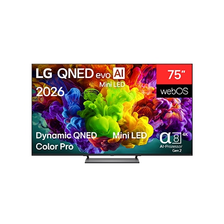 Vorderseite von 75″ LG QNED evo AI QNED93 Mini LED 4K Smart TV 2026 75QNED93B6A