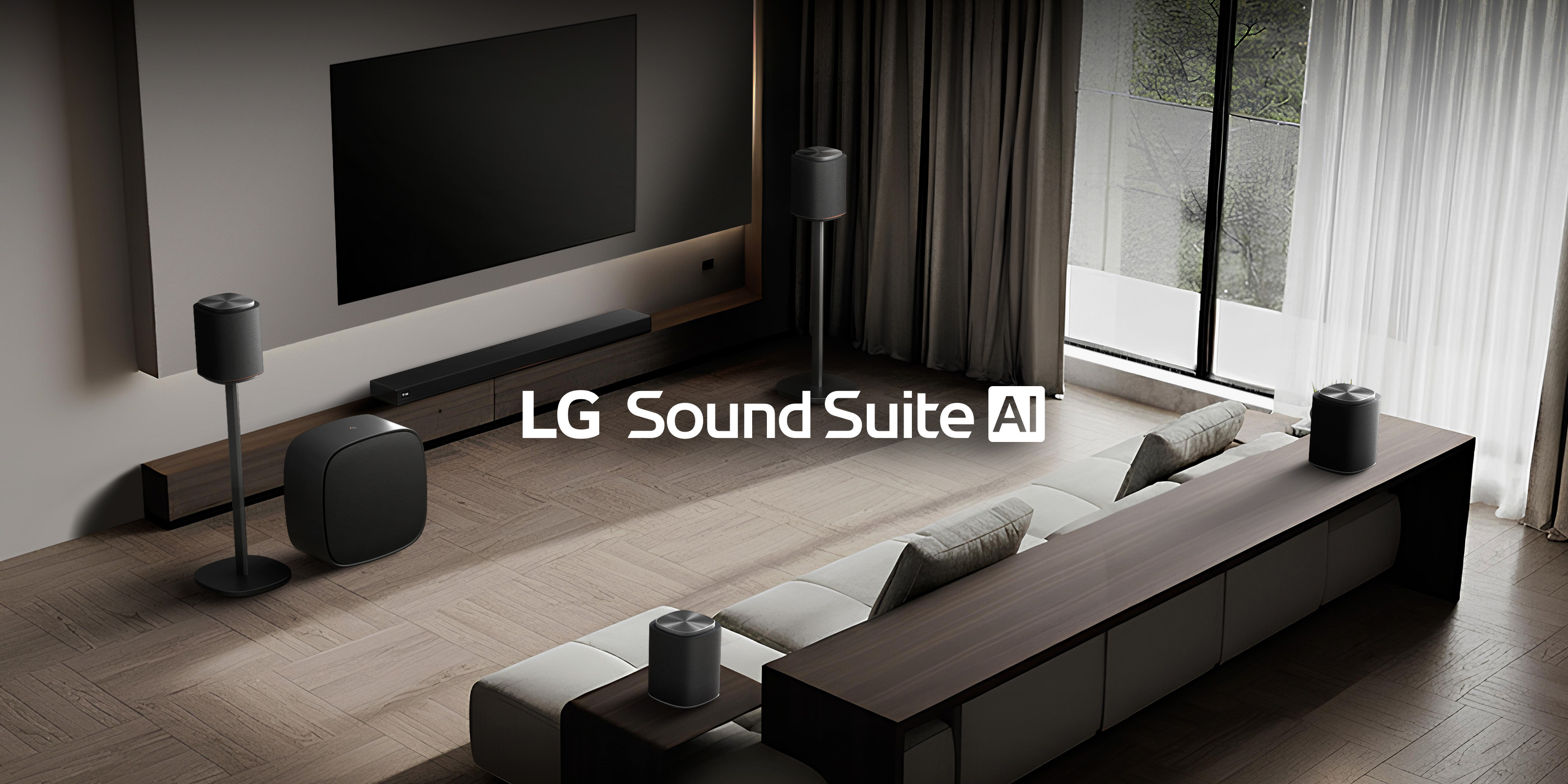 Draufsicht auf das räumliche Audiosystem der LG Sound Suite auf einer mattsilbernen Oberfläche mit Lautsprechern, Subwoofer und kabelloser Soundbar.
