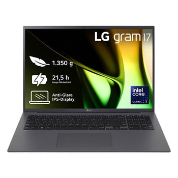 Rechte Seitenansicht des 17-Zoll LG gram (17Z90S-G.AD7CG) Laptops mit 32 GB RAM und Intel Ultra 7 Core, Abdeckung geöffnet
