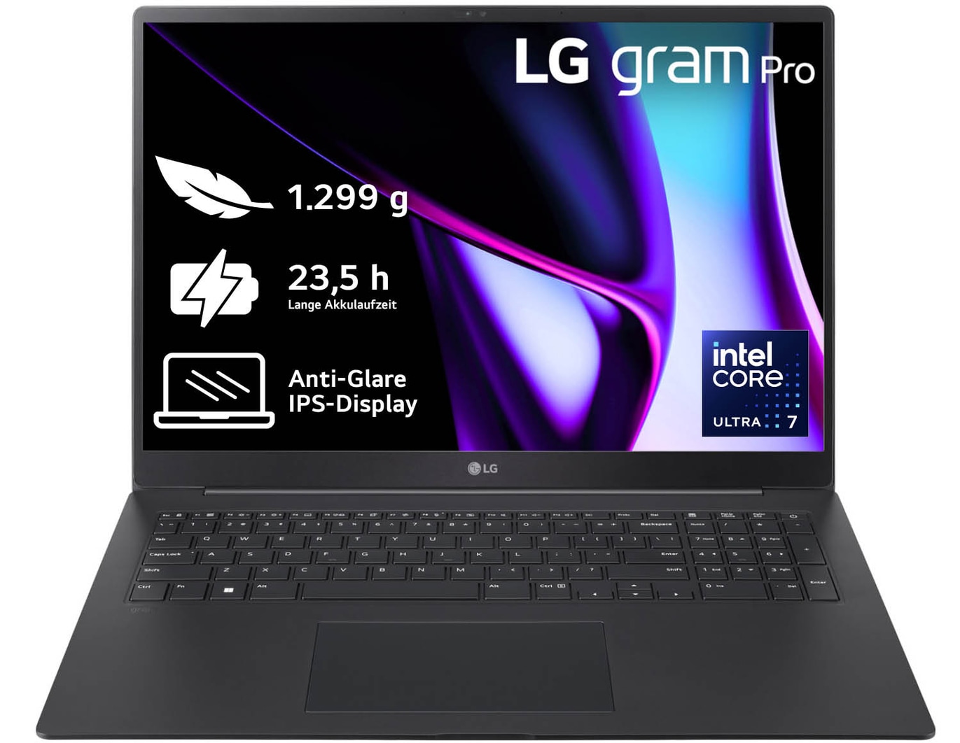 Vorderseite von 17 Zoll Notebook mit Windows 11 Home | Intel® Core™ Ultra 7 Prozessor | 32 GB LPDDR5x RAM | 2 TB SSD | 77-WH-Akku | 17Z90SP-G.AD7BG 17Z90SP-G.AD7BG