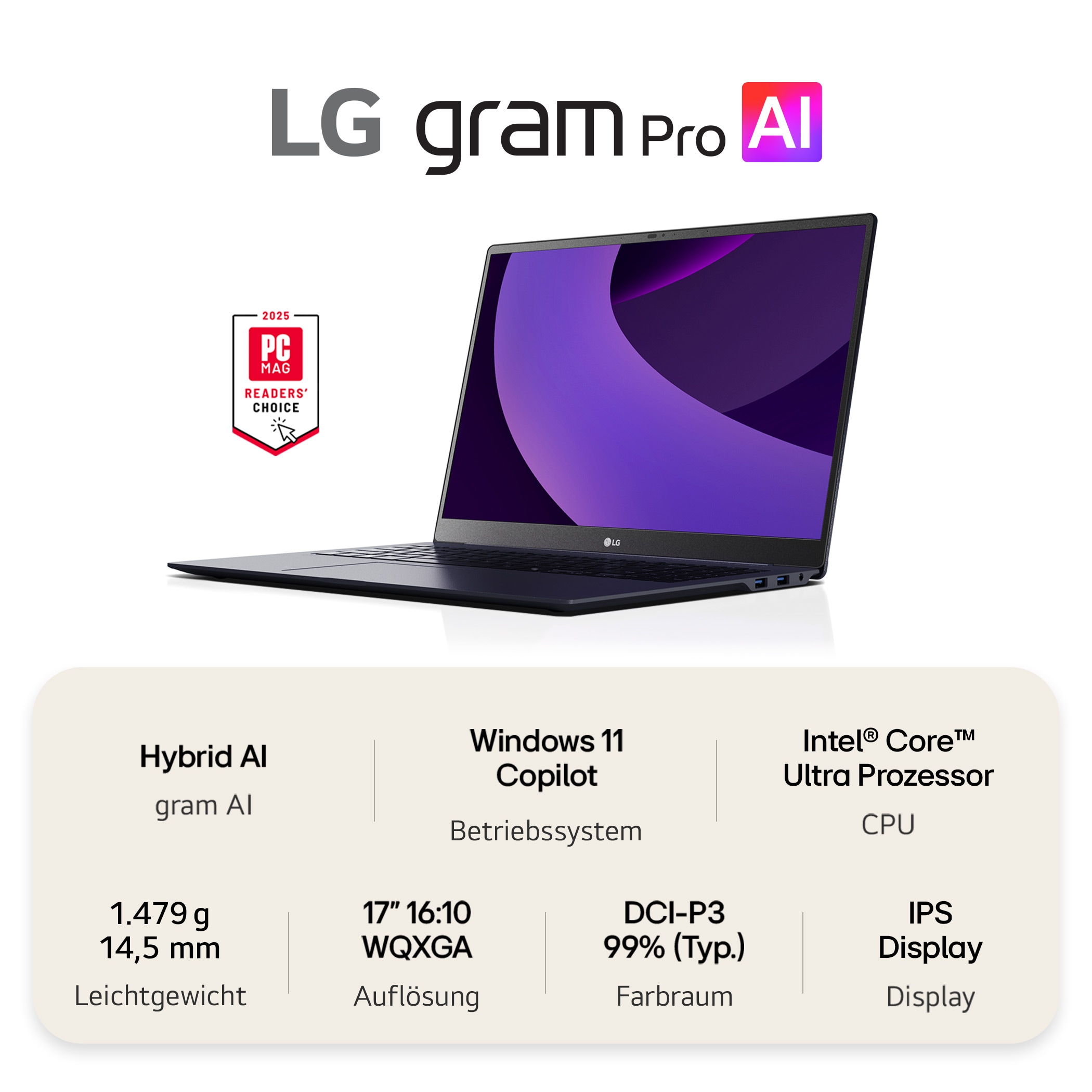 LG gram Pro 17 Zoll mit Windows 11 Home | Leichtes 32 GB RAM Intel® Core™ Ultra Prozessor Laptop | gram Dual AI | NVIDIA GeForce RTX 5050 | Copilot | LG gram Link | IPS-LCD-Display 16:10, 17Z90TR-E