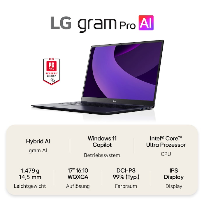 LG gram Pro 17 Zoll mit Windows 11 Home | Leichtes 32 GB RAM Intel® Core™ Ultra Prozessor Laptop | gram Dual AI | NVIDIA GeForce RTX 5050 | Copilot | LG gram Link | IPS-LCD-Display 16:10, 17Z90TR-E