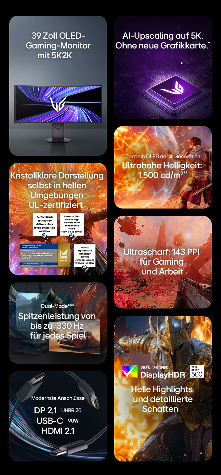 UltraGear 39-Zoll-5K2K-OLED-Gaming-Monitor (39GX950B) mit AI Upscaling, Perfektem Schwarz, 143 PPI, 330 Hz bei WFHD, HDR 500