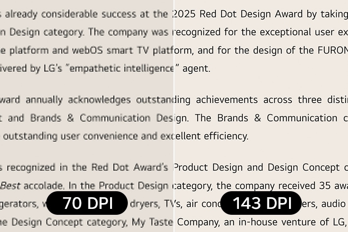 Monitor gamingowy UltraGear (39GX950B) o gęstości pikseli 143 PPI, zapewniający precyzję i klarowność podczas pracy w porównaniu z gęstością 70 PPI
