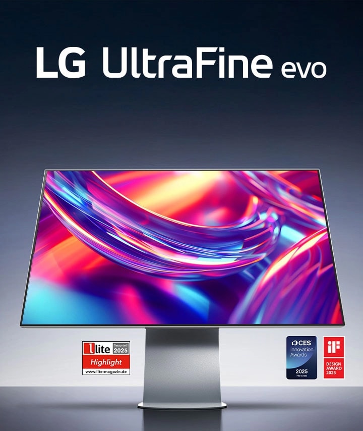 LG UltraFine™ evo 32U990A Produktbild mit seinem Logo und Auszeichnungslogos unten