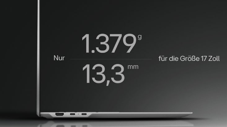 Dieses Bild zeigt die Seite des gram Pro 17-Zoll-Laptops in einer Nahaufnahme. Hervorgehoben wird das geringe Gewicht von nur 1.379 Gramm und die dünne Form mit einem Profil von nur 13,3 mm.