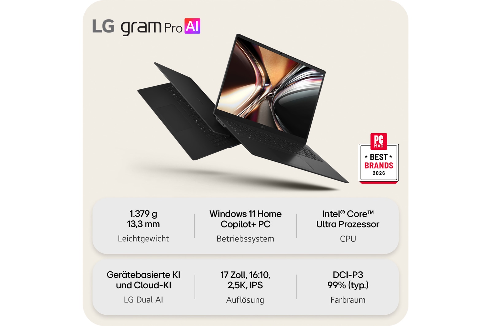 'This image shows two lightweight laptops displayed on a bright background. One laptop is angled to highlight its slim, compact rear design, while the other is open, emphasizing a thin and lightweight build, with key specifications shown below.