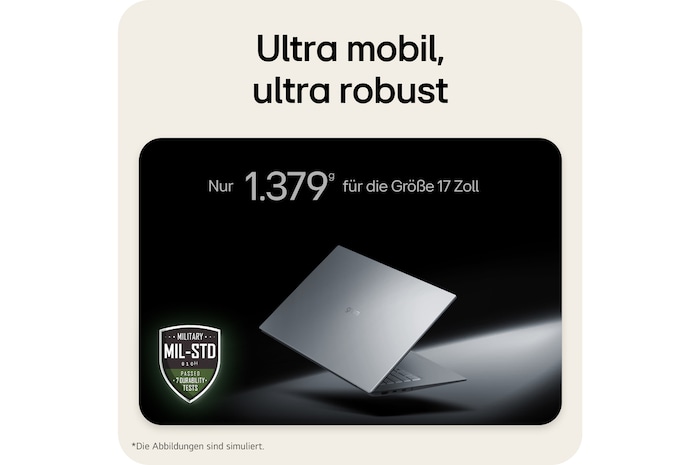 'This image shows a lightweight LG gram laptop floating against a dark background, emphasizing its slim and compact design. Text above highlights the weight of only 1,239 g for the 16 inch size, while a MIL-STD durability certification badge appears in the lower left, indicating military-standard durability testing.
