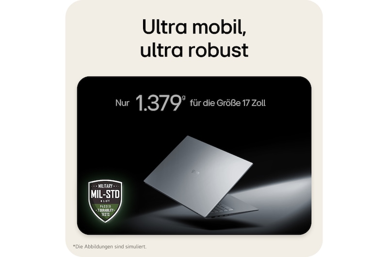 'This image shows a lightweight LG gram laptop floating against a dark background, emphasizing its slim and compact design. Text above highlights the weight of only 1,239 g for the 16 inch size, while a MIL-STD durability certification badge appears in the lower left, indicating military-standard durability testing.