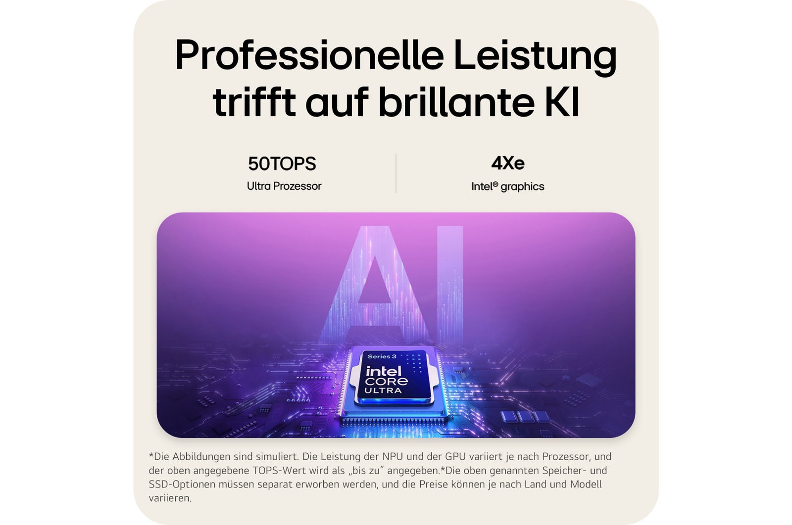 'The image features an Intel® Core™ Ultra processor set against a blue-to-purple gradient background, with large semi-transparent “AI” text layered behind the chipset.
