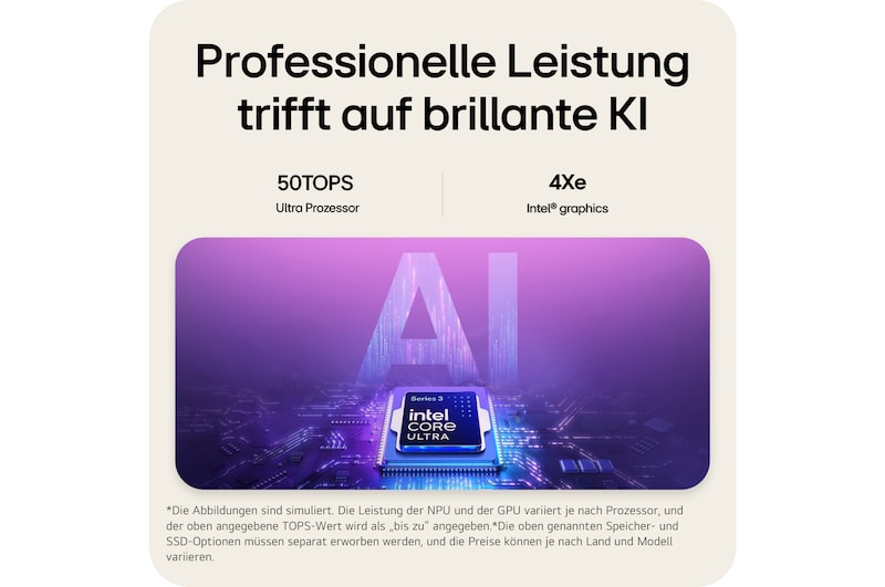 'The image features an Intel® Core™ Ultra processor set against a blue-to-purple gradient background, with large semi-transparent “AI” text layered behind the chipset.