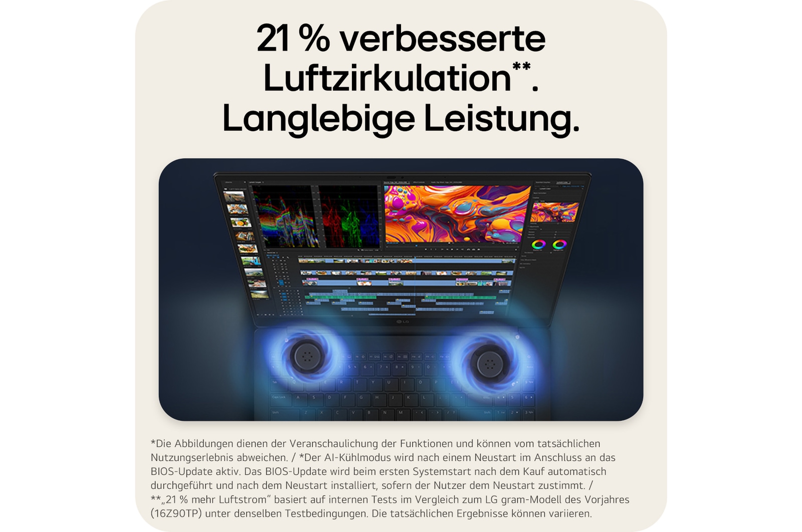 'This image shows an LG gram pro laptop displaying video editing content on the screen, with two circular blue visual elements shown beneath the keyboard area.