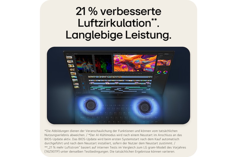 'This image shows an LG gram pro laptop displaying video editing content on the screen, with two circular blue visual elements shown beneath the keyboard area.