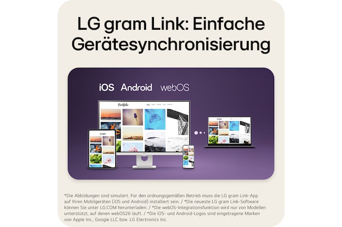 'This image shows an LG gram laptop connected with a tablet, smartphone, and desktop display, illustrating seamless multi-device syncing and content sharing across iOS, Android, and webOS using LG gram Link.