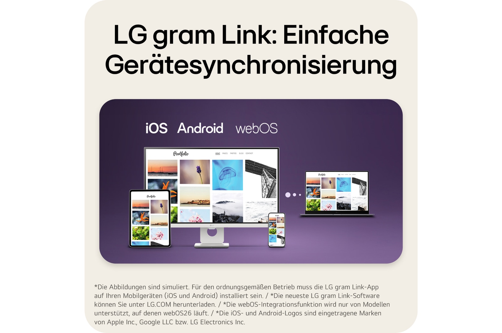 'This image shows an LG gram laptop connected with a tablet, smartphone, and desktop display, illustrating seamless multi-device syncing and content sharing across iOS, Android, and webOS using LG gram Link.