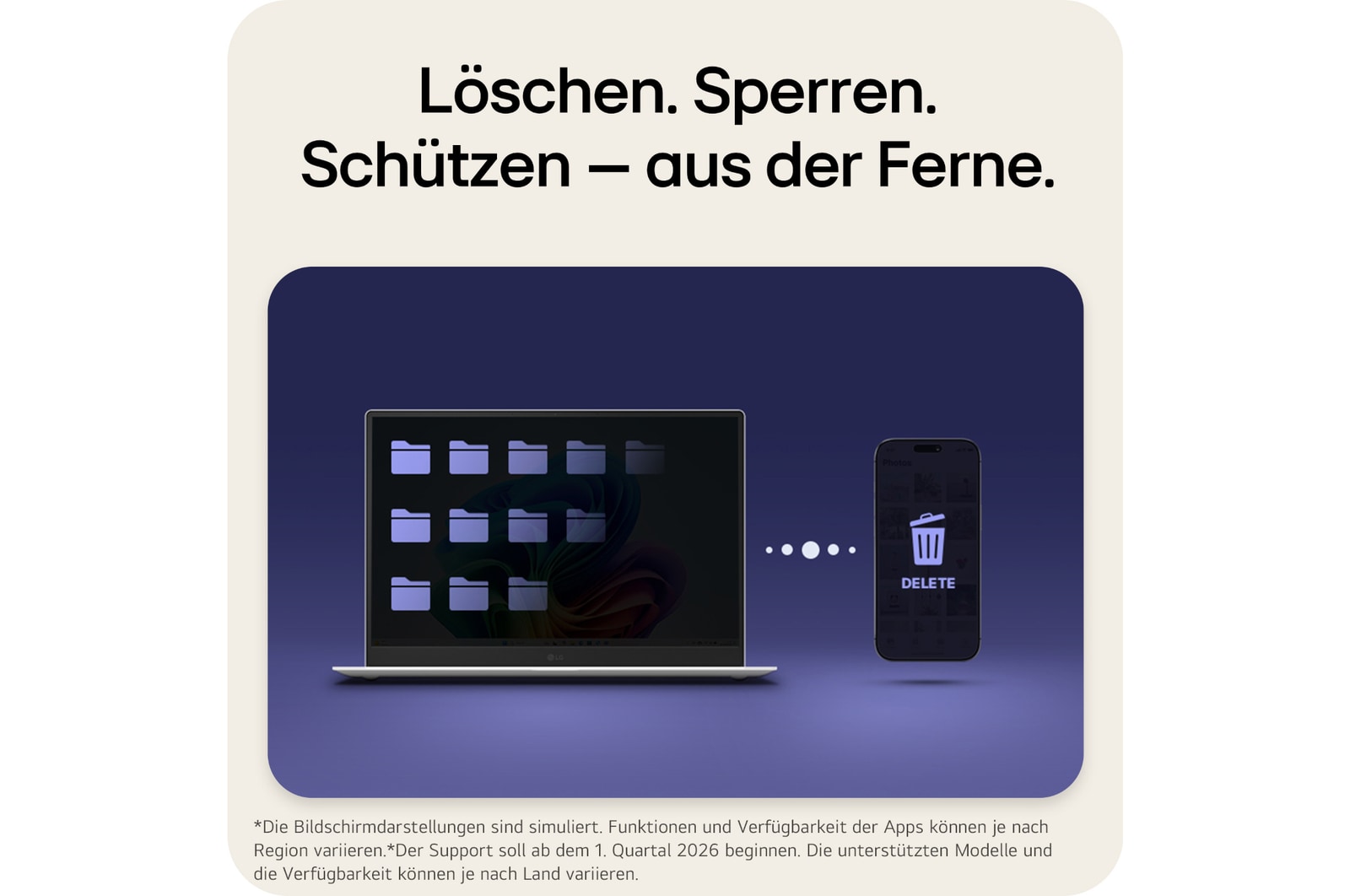 This image shows an LG Gram AI laptop on a dark background, illustrating remote security protection through ThinQ, with the device displayed as securely managed and protected even when accessed or controlled remotely.