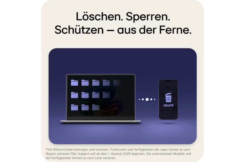 This image shows an LG Gram AI laptop on a dark background, illustrating remote security protection through ThinQ, with the device displayed as securely managed and protected even when accessed or controlled remotely.