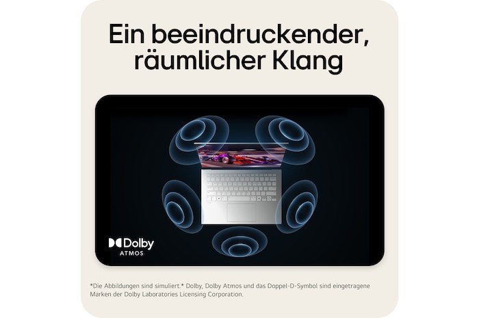 'The image shows a top-down view of a laptop with a vibrant, purple-themed graphic on the screen. Surrounding the laptop are dynamic sound wave visuals, indicating an immersive audio experience. The "Dolby Atmos" logo is displayed in the bottom right corner.