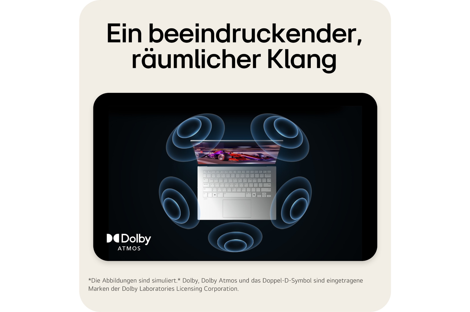 'The image shows a top-down view of a laptop with a vibrant, purple-themed graphic on the screen. Surrounding the laptop are dynamic sound wave visuals, indicating an immersive audio experience. The "Dolby Atmos" logo is displayed in the bottom right corner.