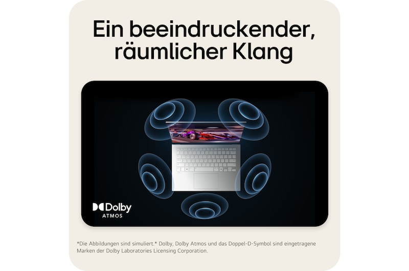 'The image shows a top-down view of a laptop with a vibrant, purple-themed graphic on the screen. Surrounding the laptop are dynamic sound wave visuals, indicating an immersive audio experience. The "Dolby Atmos" logo is displayed in the bottom right corner.
