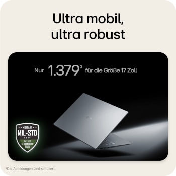 'This image shows a lightweight LG gram laptop floating against a dark background, emphasizing its slim and compact design. Text above highlights the weight of only 1,239 g for the 16 inch size, while a MIL-STD durability certification badge appears in the lower left, indicating military-standard durability testing.
