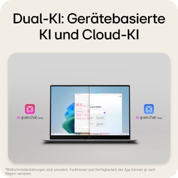 'The image shows a laptop screen split into two sections, presenting AI gram chat on-device on one side and AI gram chat cloud on the other, illustrating on-device and cloud-based AI chat interfaces.